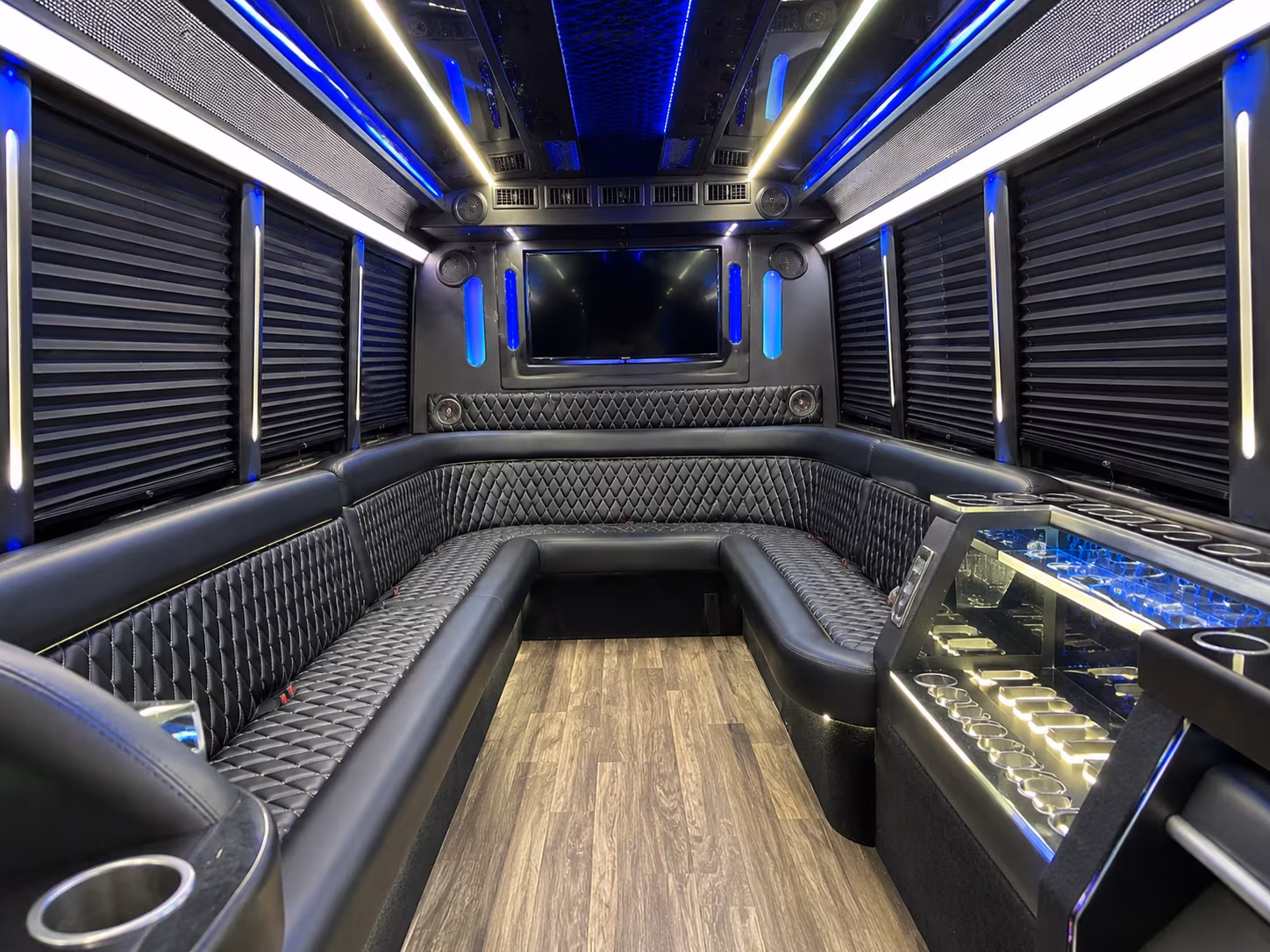 Passenger seating aboard a party bus rental serving Roseville