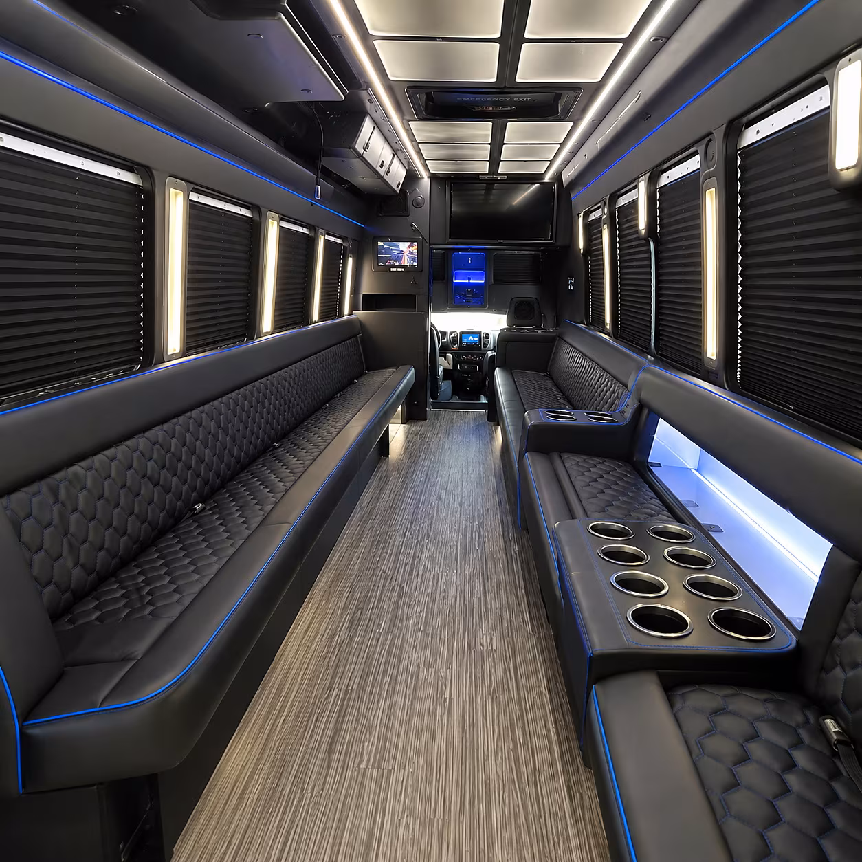 Interior of a party bus rental serving Roseville